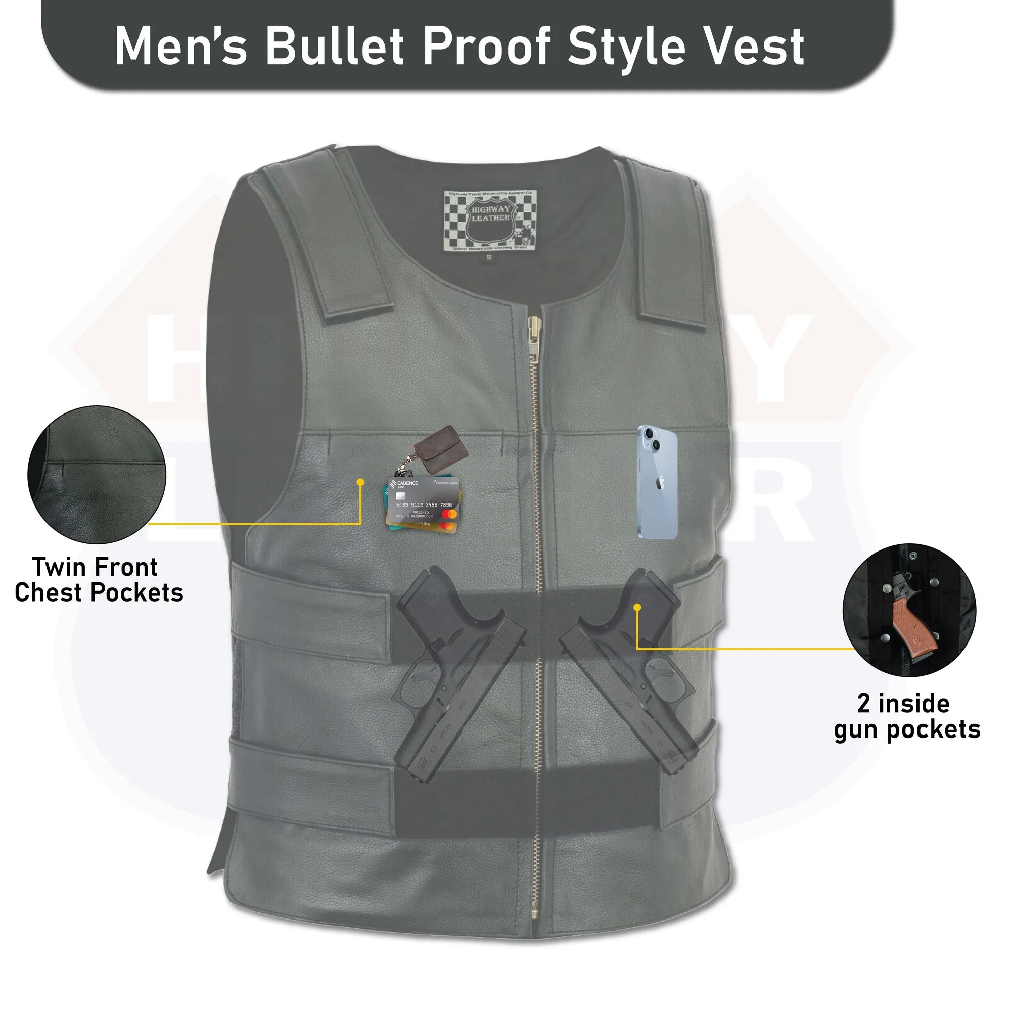 Men Bullet Proof style Leather Motorcycle Vest for bikers Club Tactical Vest