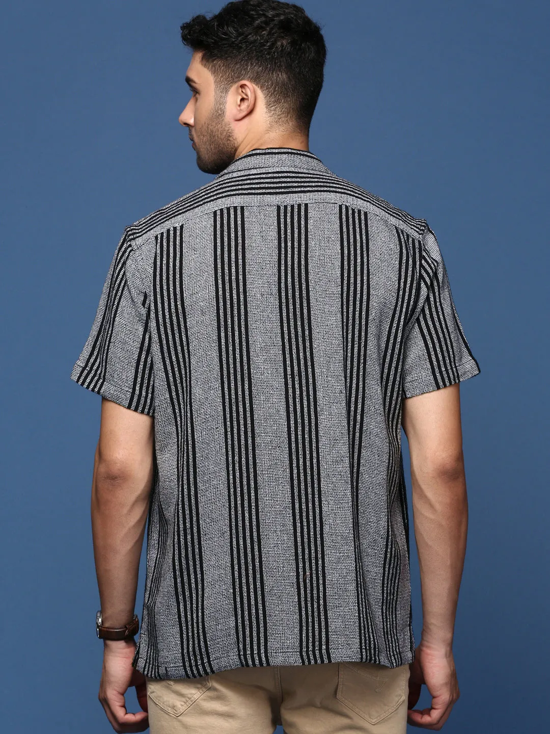 Men Cuban Collar Striped Grey Relaxed Fit Shirt