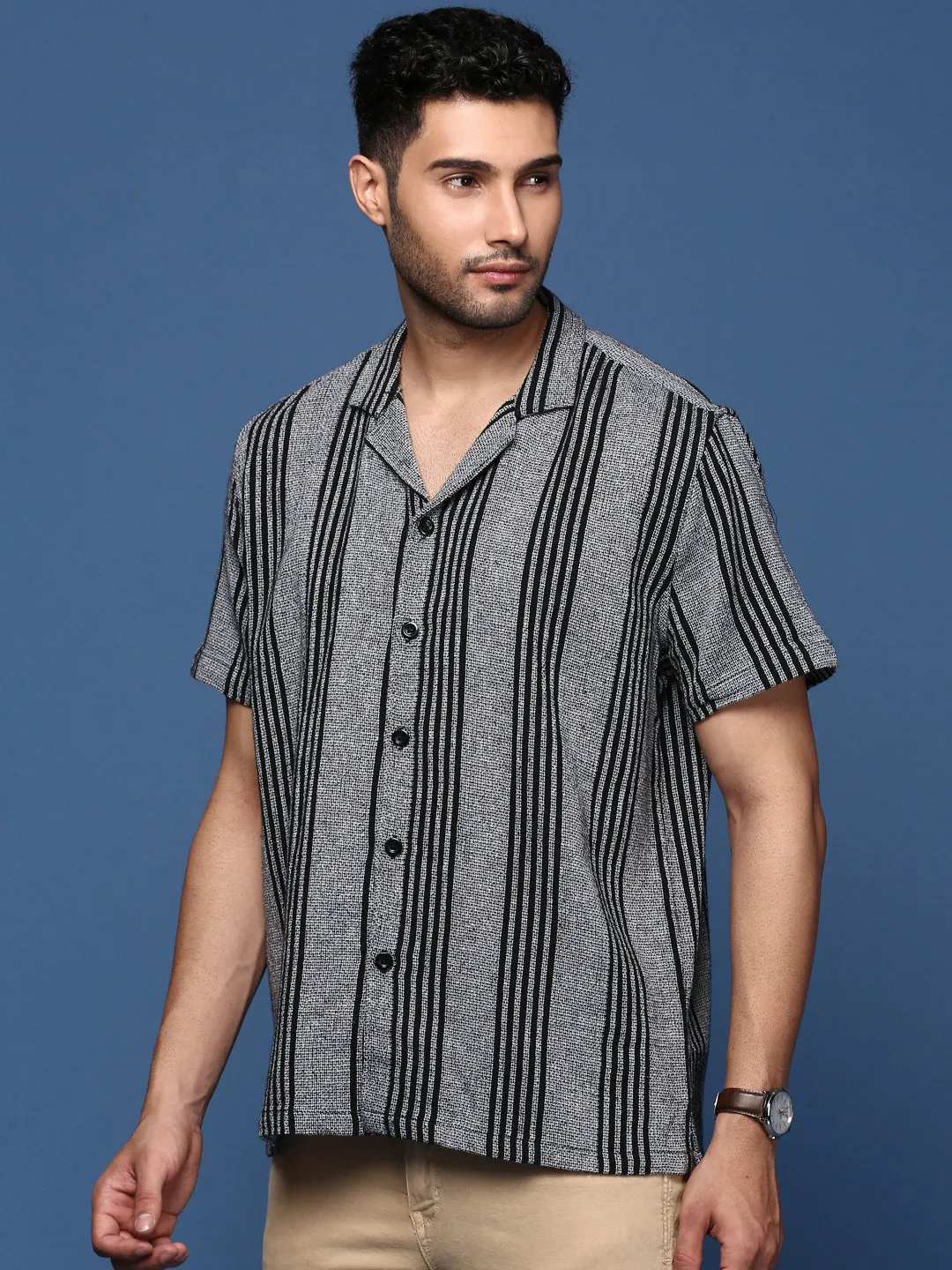 Men Cuban Collar Striped Grey Relaxed Fit Shirt