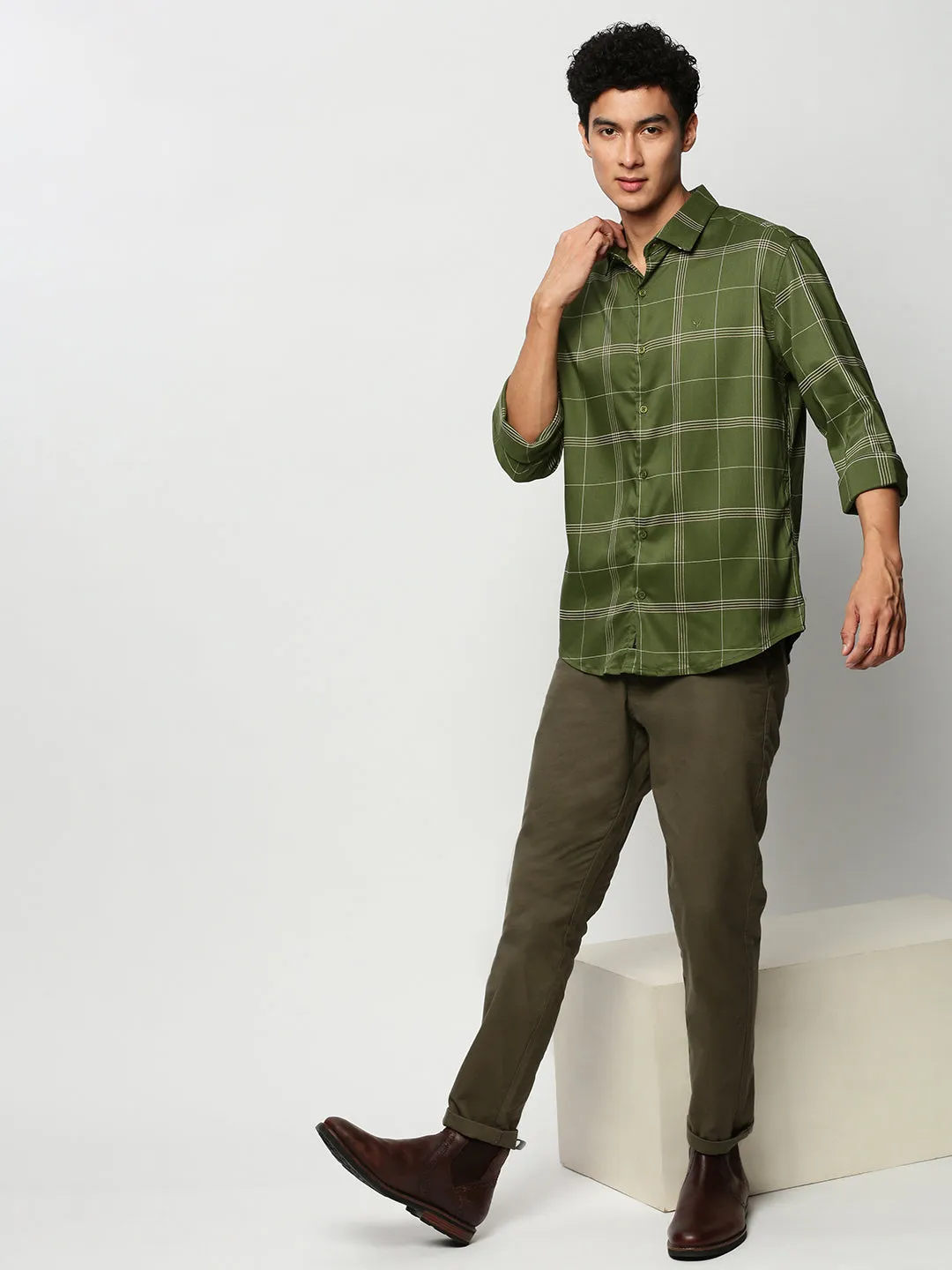 Men Green Checked Casual Casual Shirts