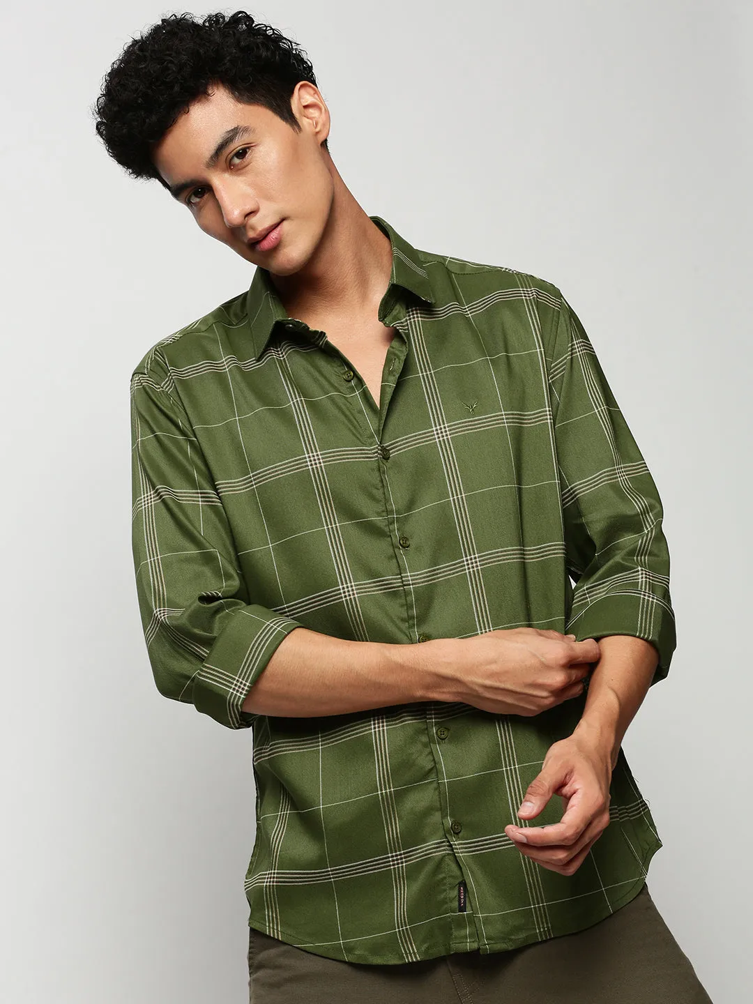 Men Green Checked Casual Casual Shirts