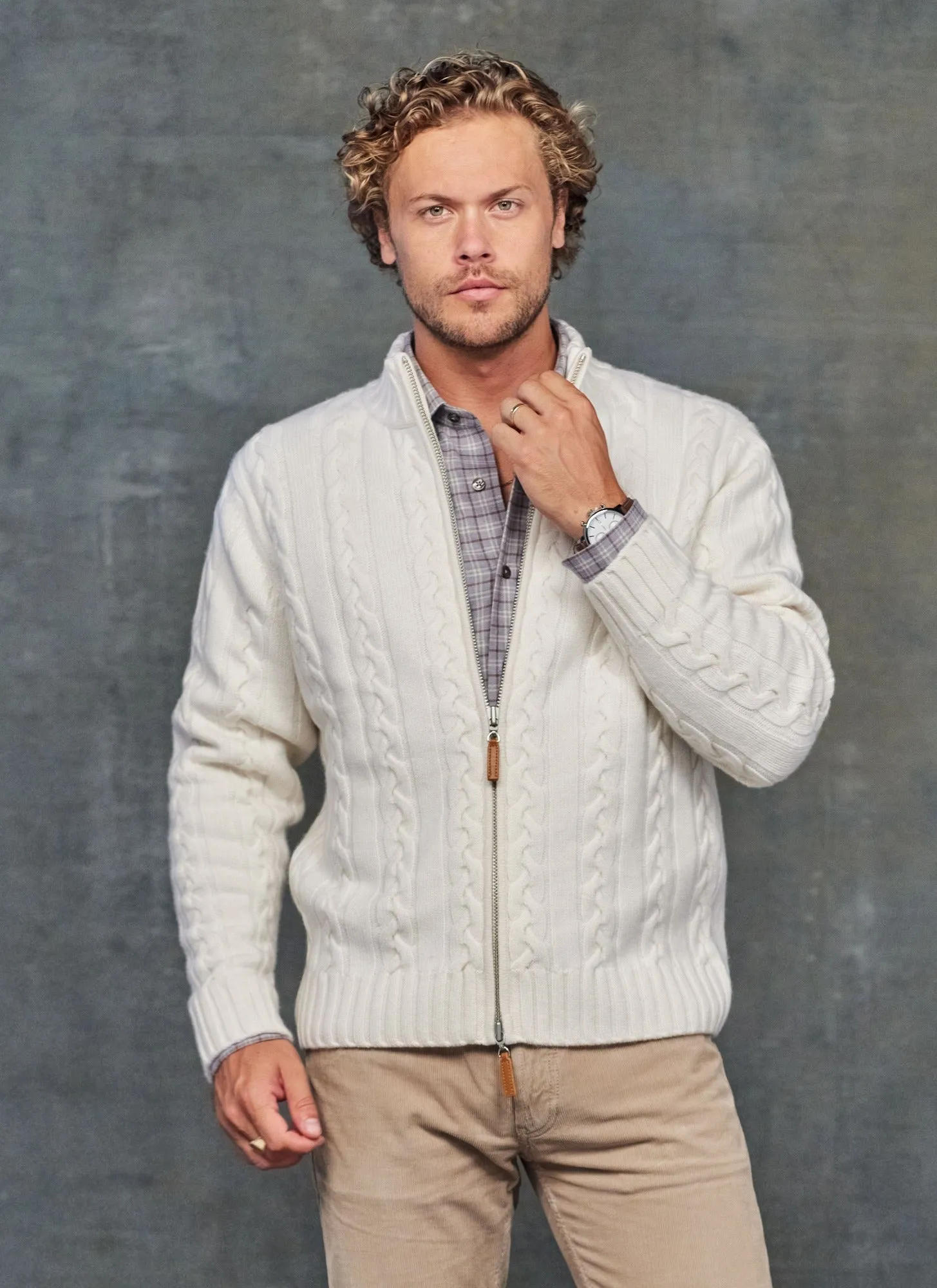 Men's Aspen Cable Full Zip Up Cashmere Sweater in Ivory