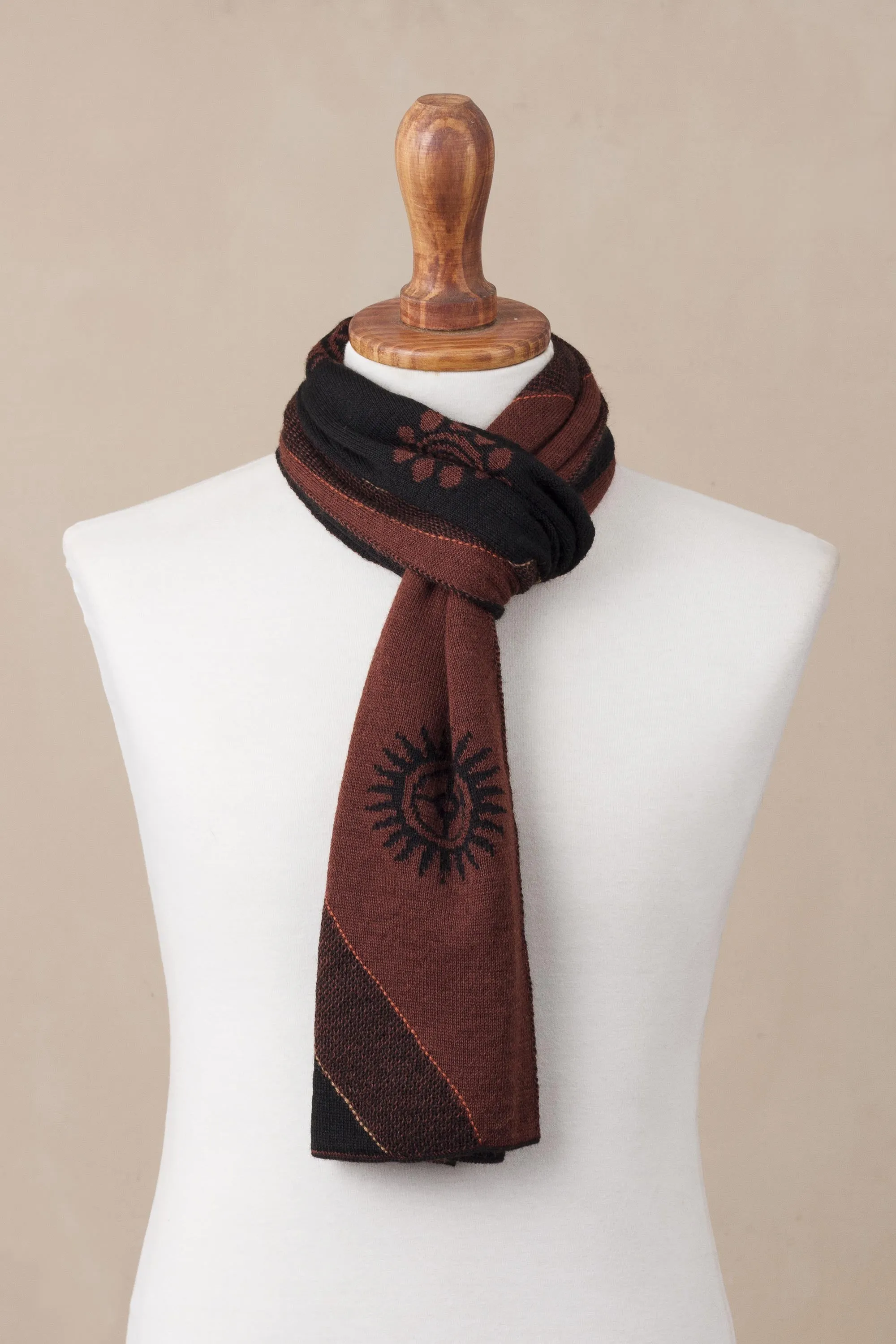 Men's Black and Mahogany Alpaca Blend Scarf from Peru - Mahogany and Black Cosmovision | NOVICA