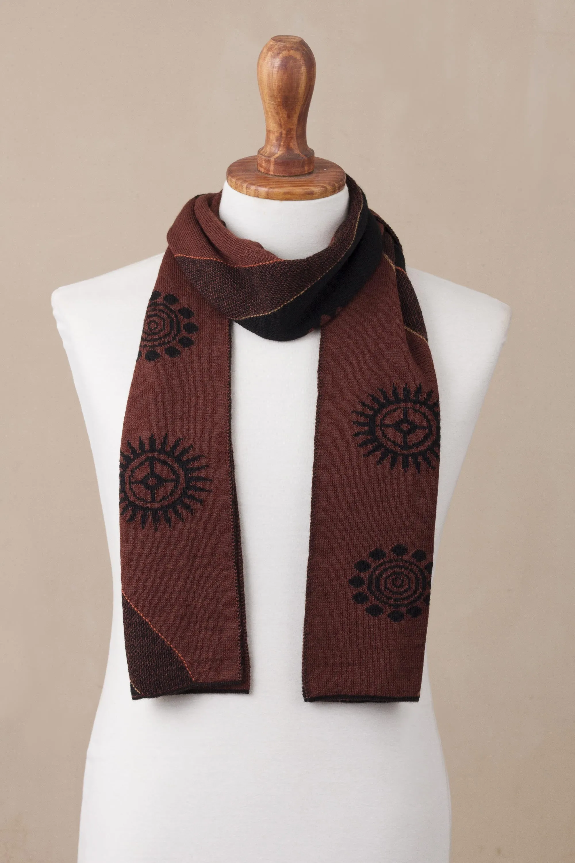 Men's Black and Mahogany Alpaca Blend Scarf from Peru - Mahogany and Black Cosmovision | NOVICA