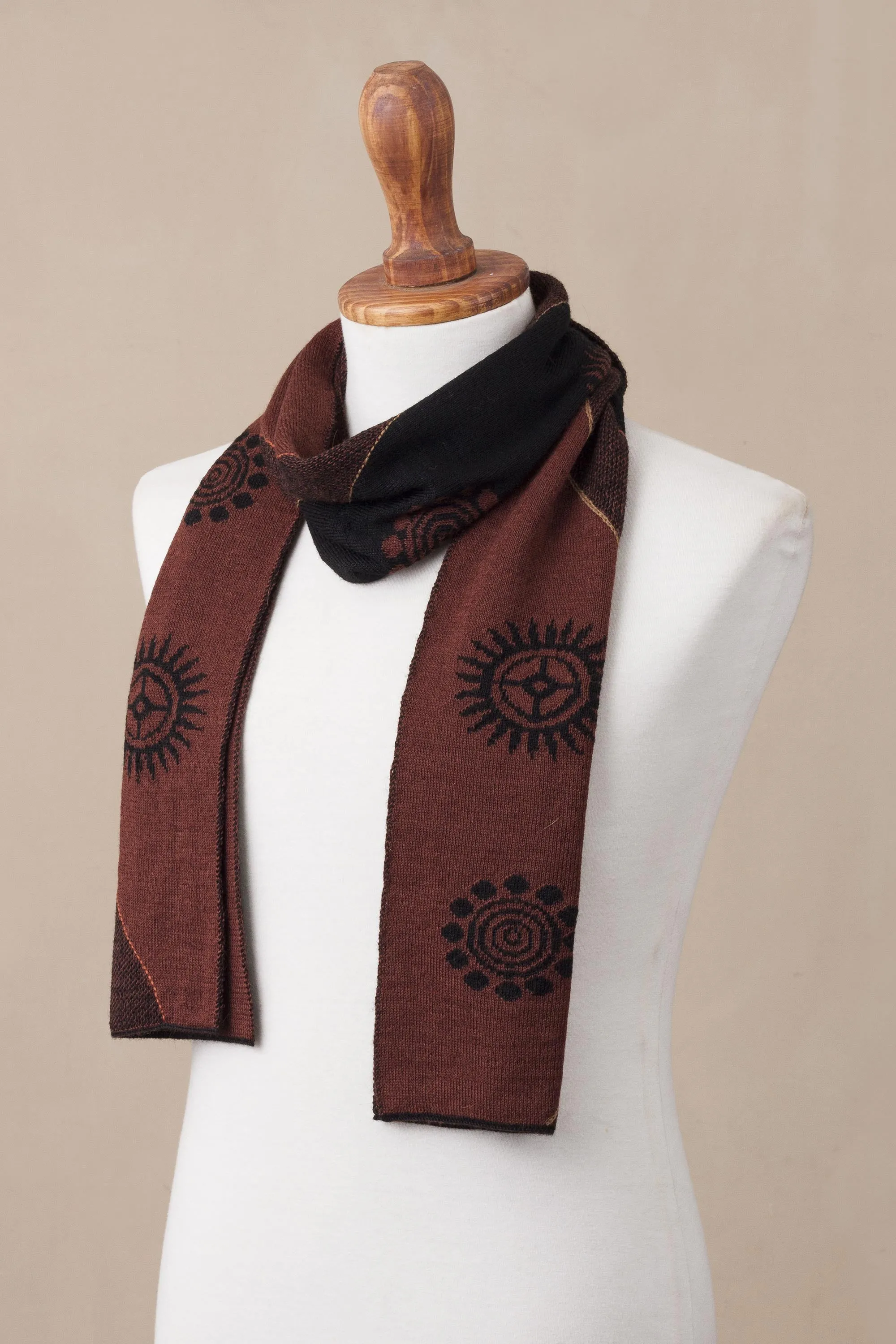 Men's Black and Mahogany Alpaca Blend Scarf from Peru - Mahogany and Black Cosmovision | NOVICA