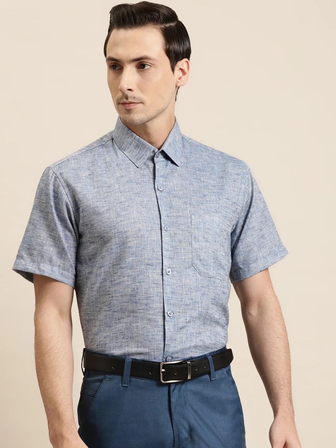 Men's Cotton Blend Russion Blue Classic Formal Shirt - Sojanya