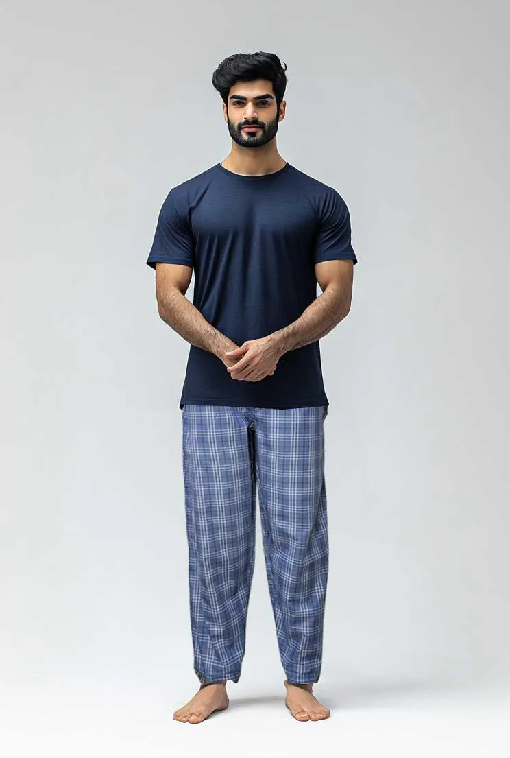 Men's Cotton Check Trouser (blue-white Plaid)