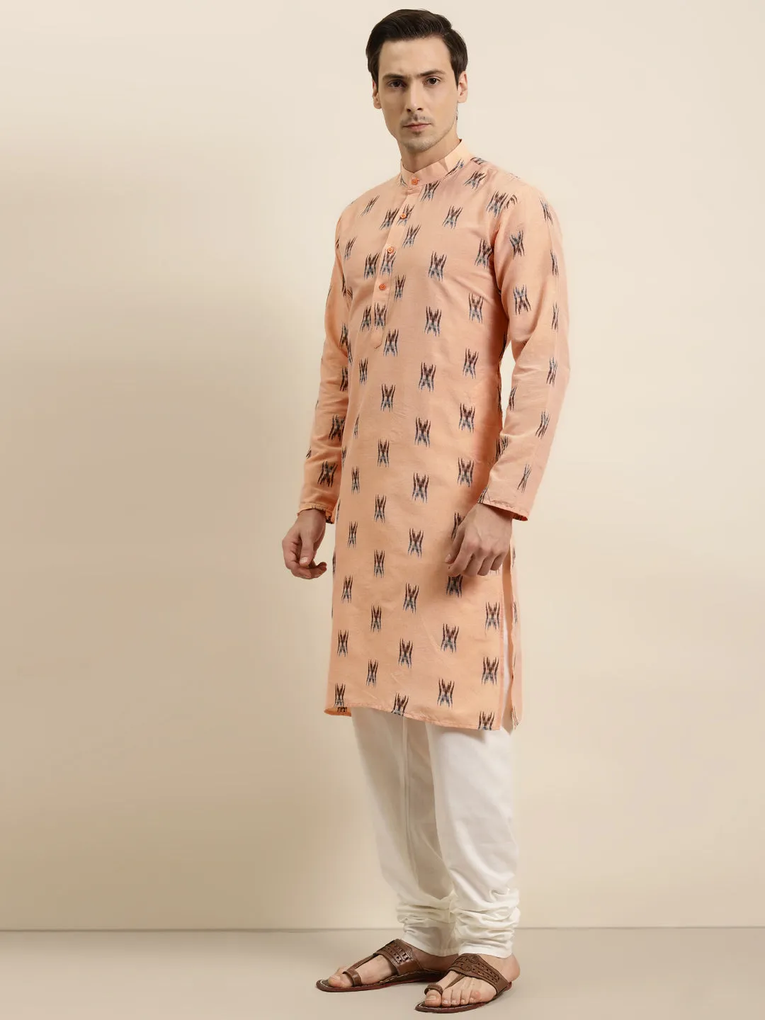 Men's Cotton Light Peach & Black Kurta - Sojanya