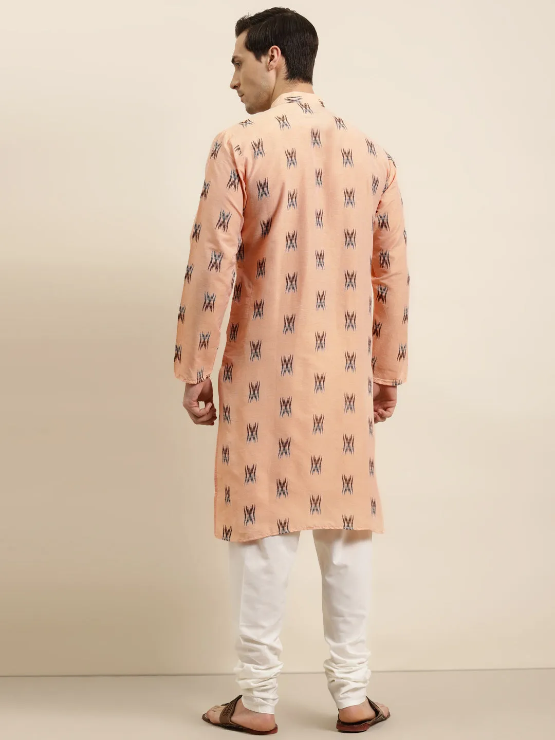 Men's Cotton Light Peach & Black Kurta - Sojanya