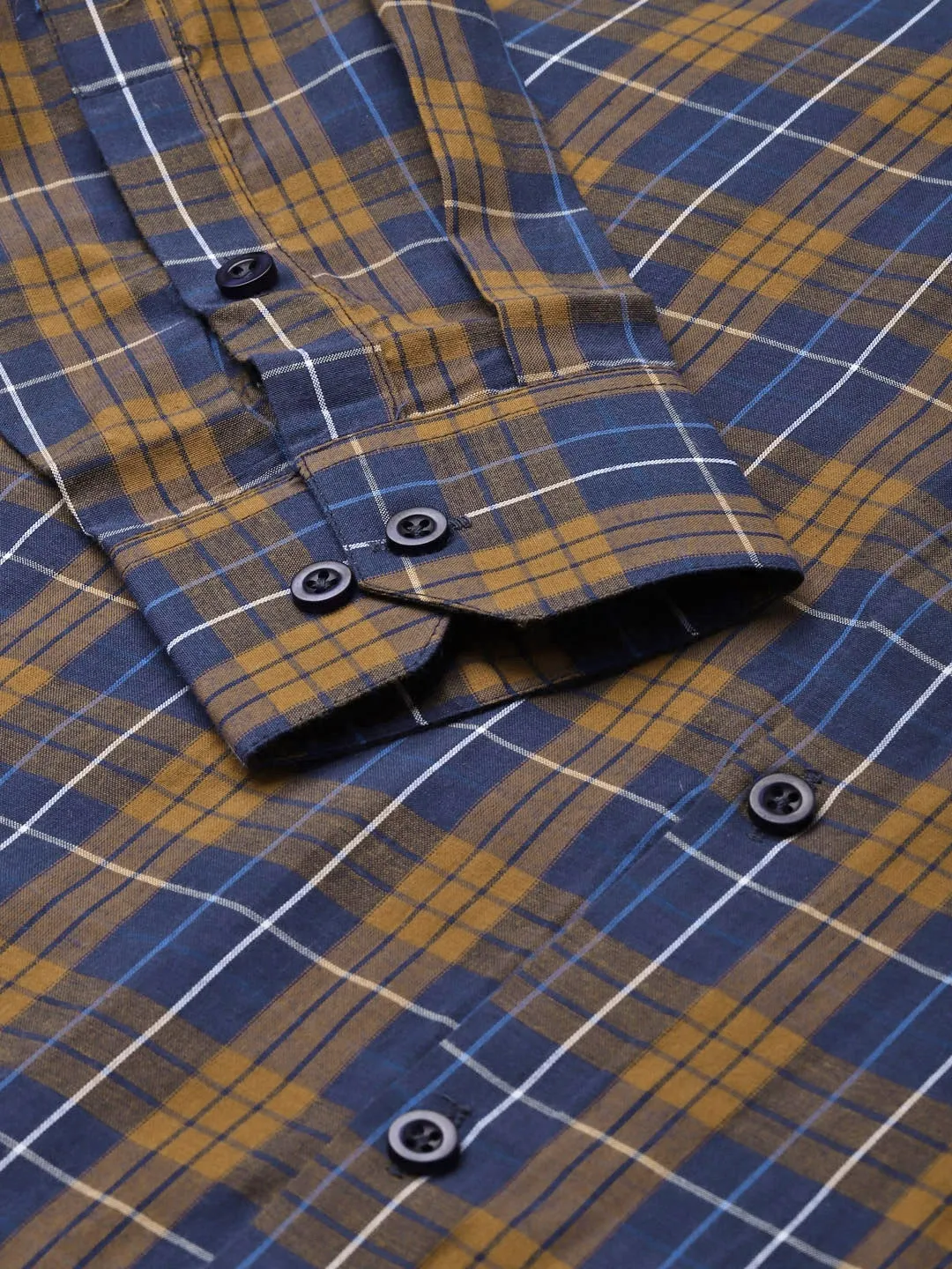 Men's Cotton Navy & Mustard Check Formal Shirt - Sojanya