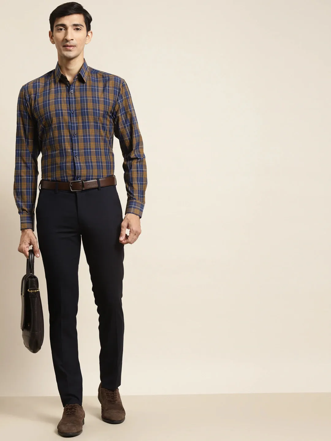 Men's Cotton Navy & Mustard Check Formal Shirt - Sojanya