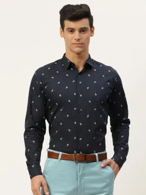 Mens Cotton Navy Blue & Blue Printed Formal Shirt - Sojanya