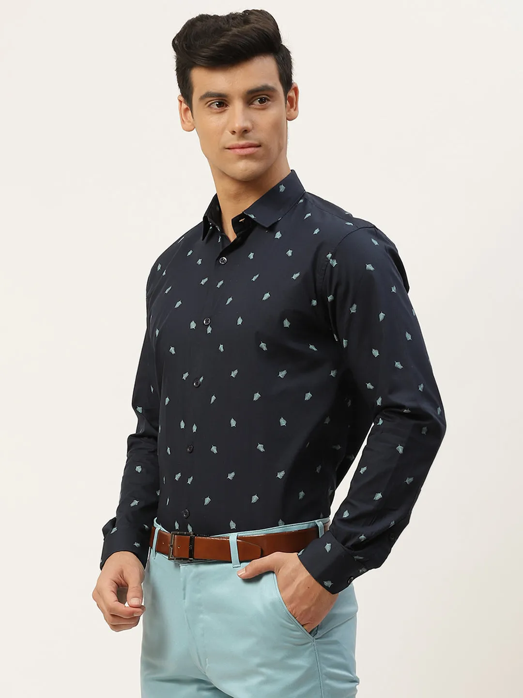 Mens Cotton Navy Blue & Blue Printed Formal Shirt - Sojanya