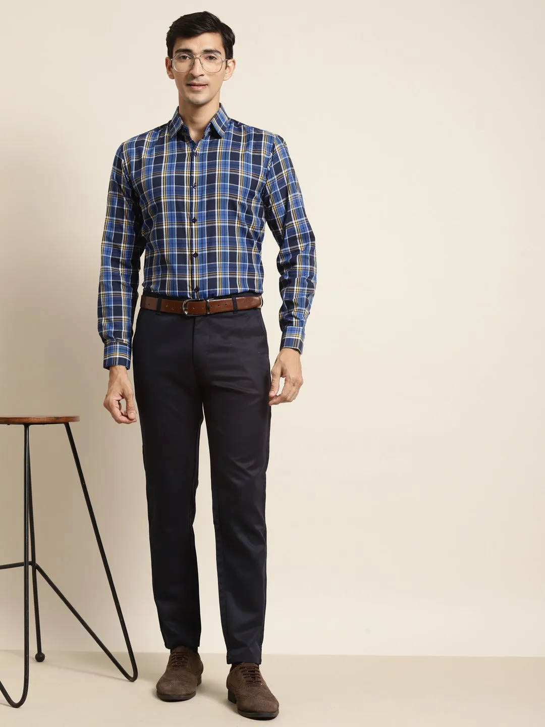 Men's Cotton Royal Blue & Navy Blue Check Formal Shirt - Sojanya