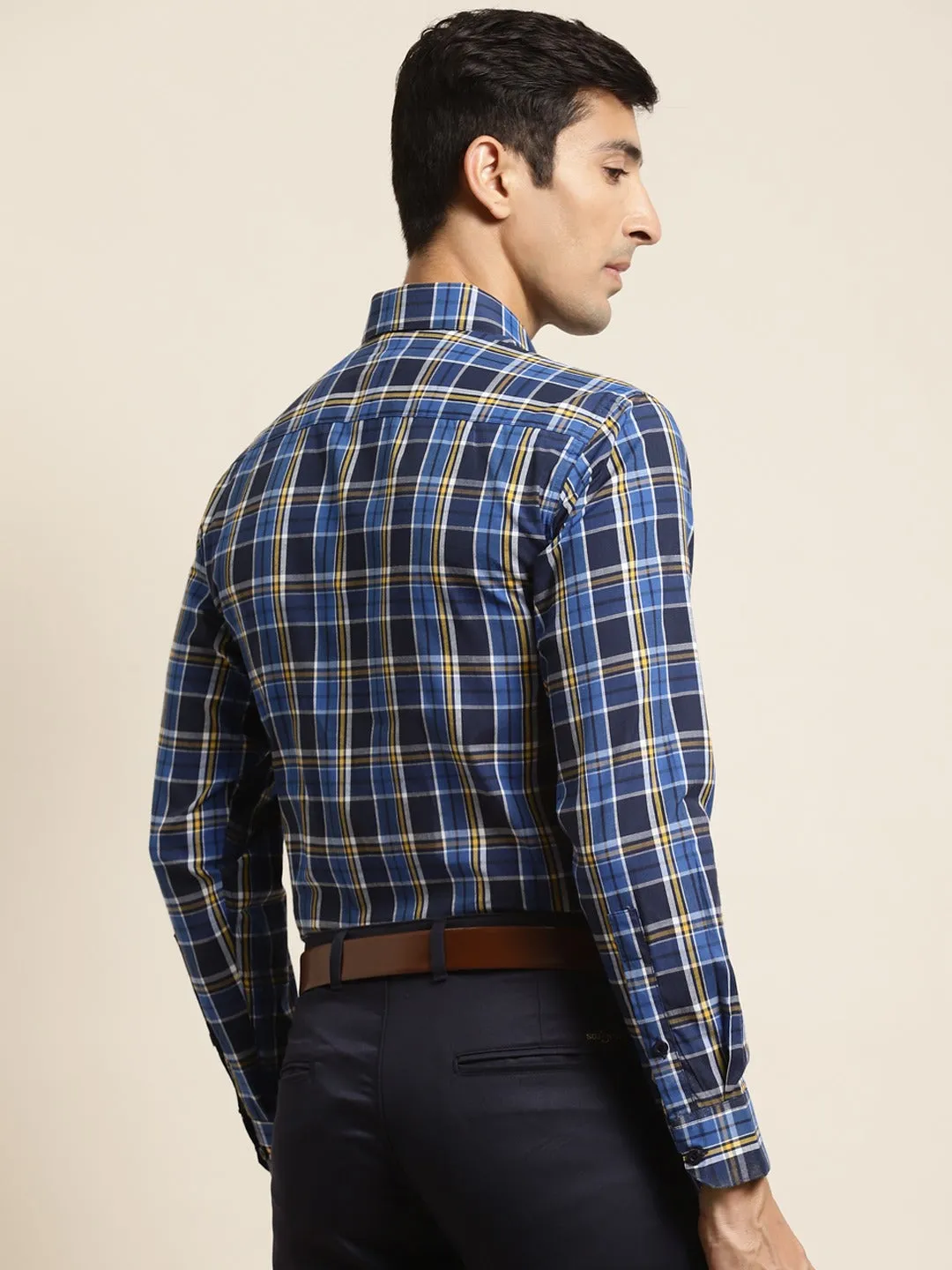 Men's Cotton Royal Blue & Navy Blue Check Formal Shirt - Sojanya