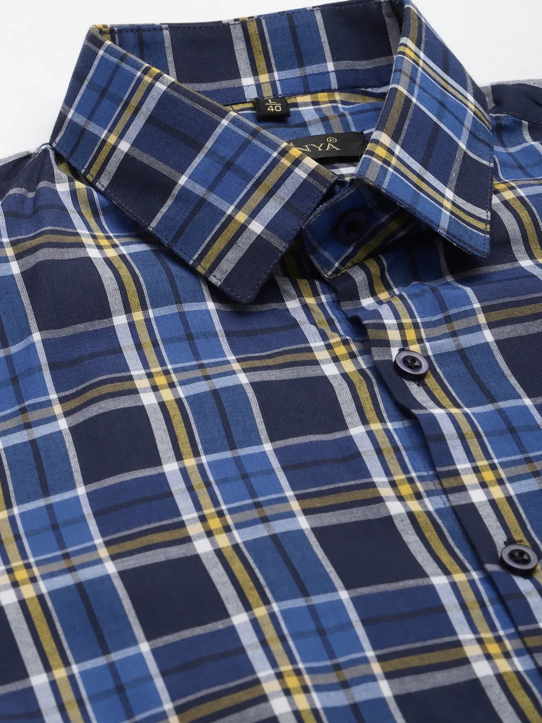 Men's Cotton Royal Blue & Navy Blue Check Formal Shirt - Sojanya