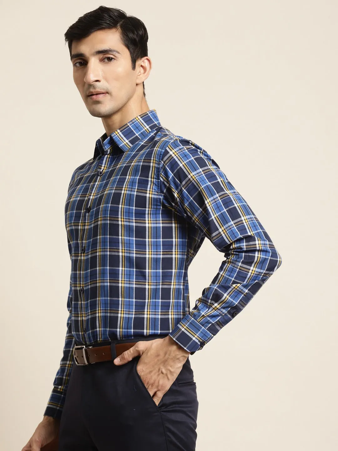 Men's Cotton Royal Blue & Navy Blue Check Formal Shirt - Sojanya