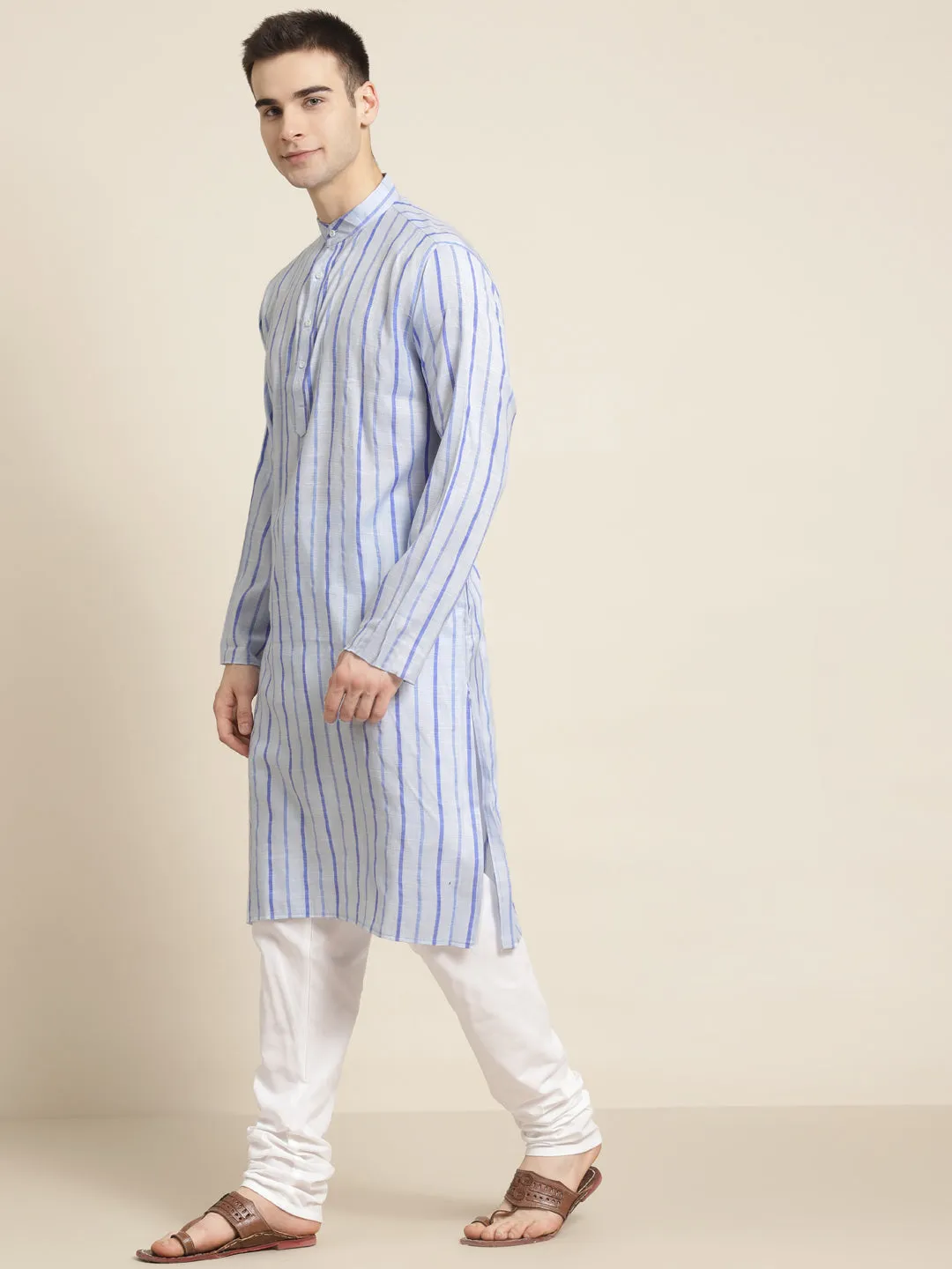 Men's Cotton Sky Blue Kurta & White Churidar Pyjama Set - Sojanya