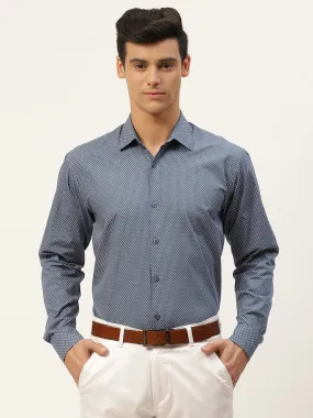 Mens Cotton Teal Blue & Offwhite Printed Formal Shirt - Sojanya