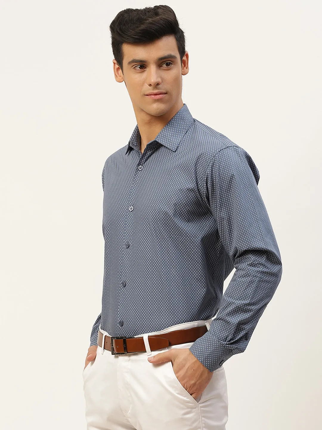 Mens Cotton Teal Blue & Offwhite Printed Formal Shirt - Sojanya