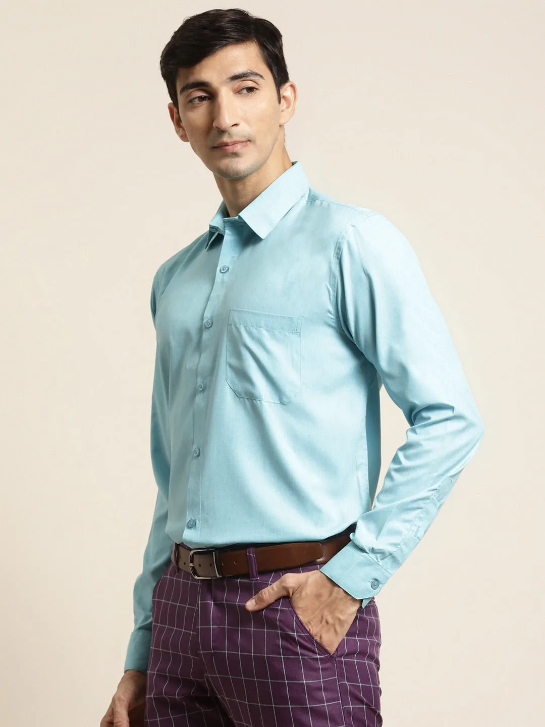 Men's Cotton Turquoise Blue Formal Classic Shirt - Sojanya