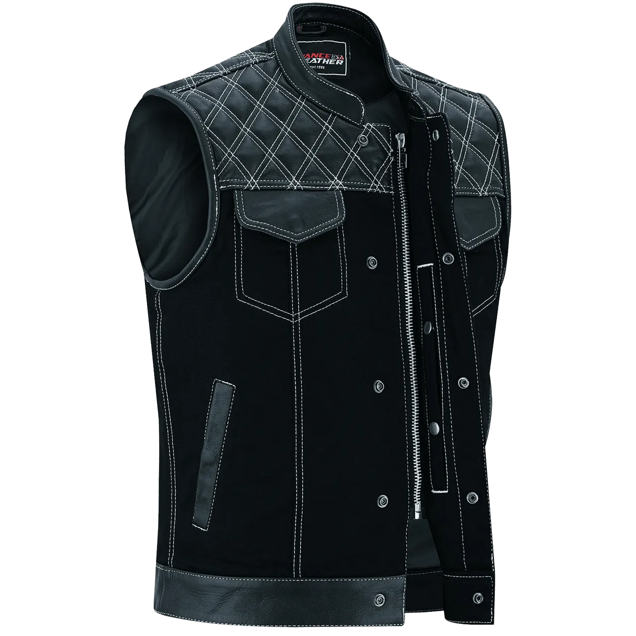 Men's Denim & Leather Motorcycle Vest with Conceal Carry Pockets and White Stitching