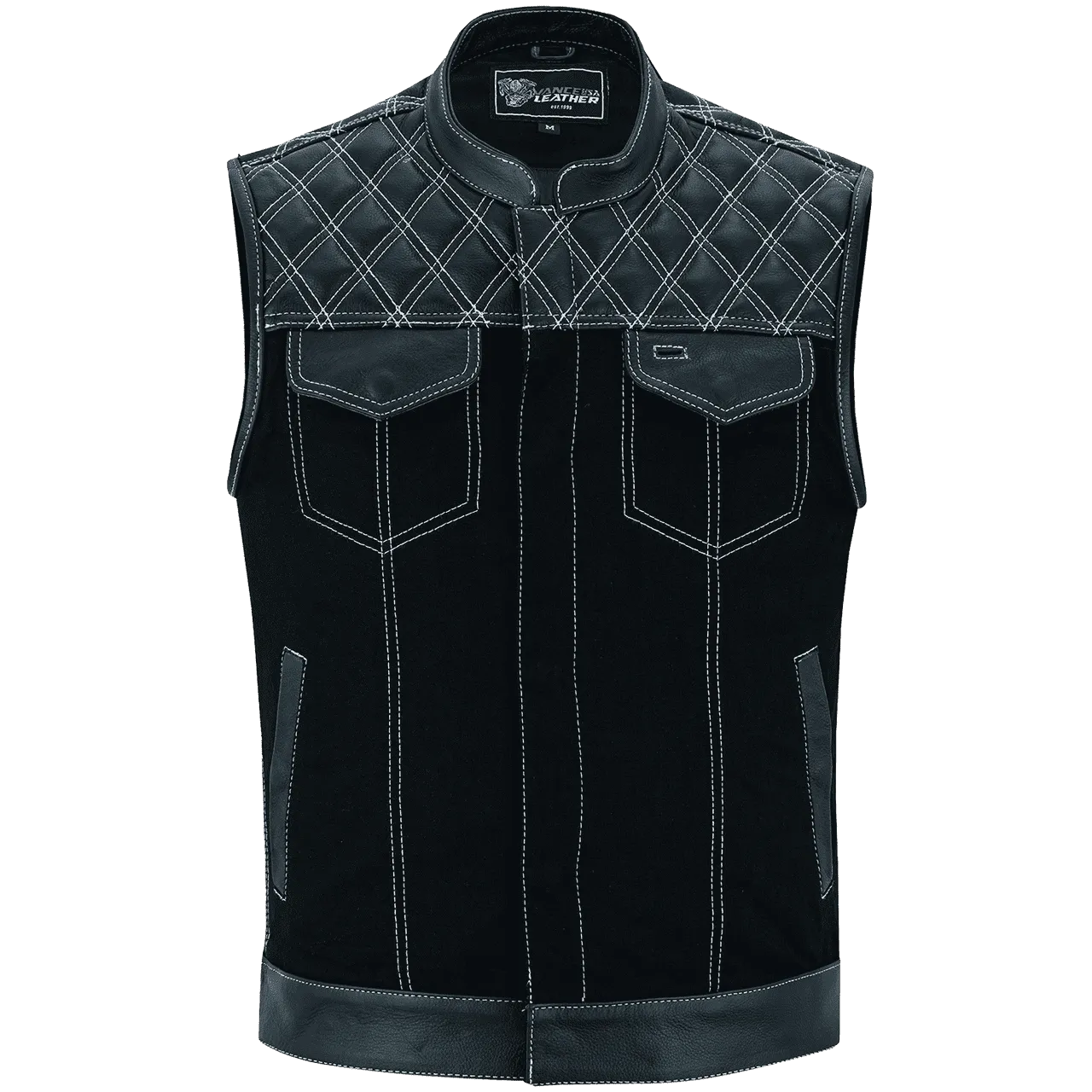 Men's Denim & Leather Motorcycle Vest with Conceal Carry Pockets and White Stitching