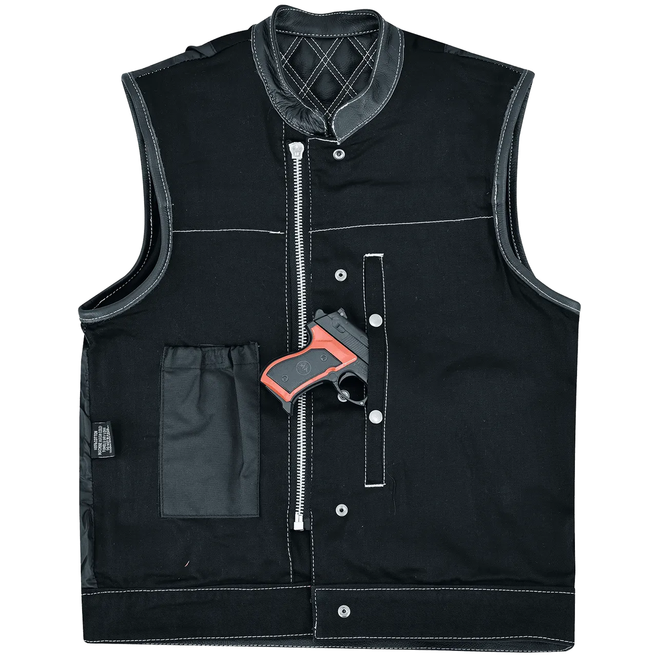 Men's Denim & Leather Motorcycle Vest with Conceal Carry Pockets and White Stitching