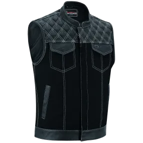 Men's Denim & Leather Motorcycle Vest with Conceal Carry Pockets and White Stitching