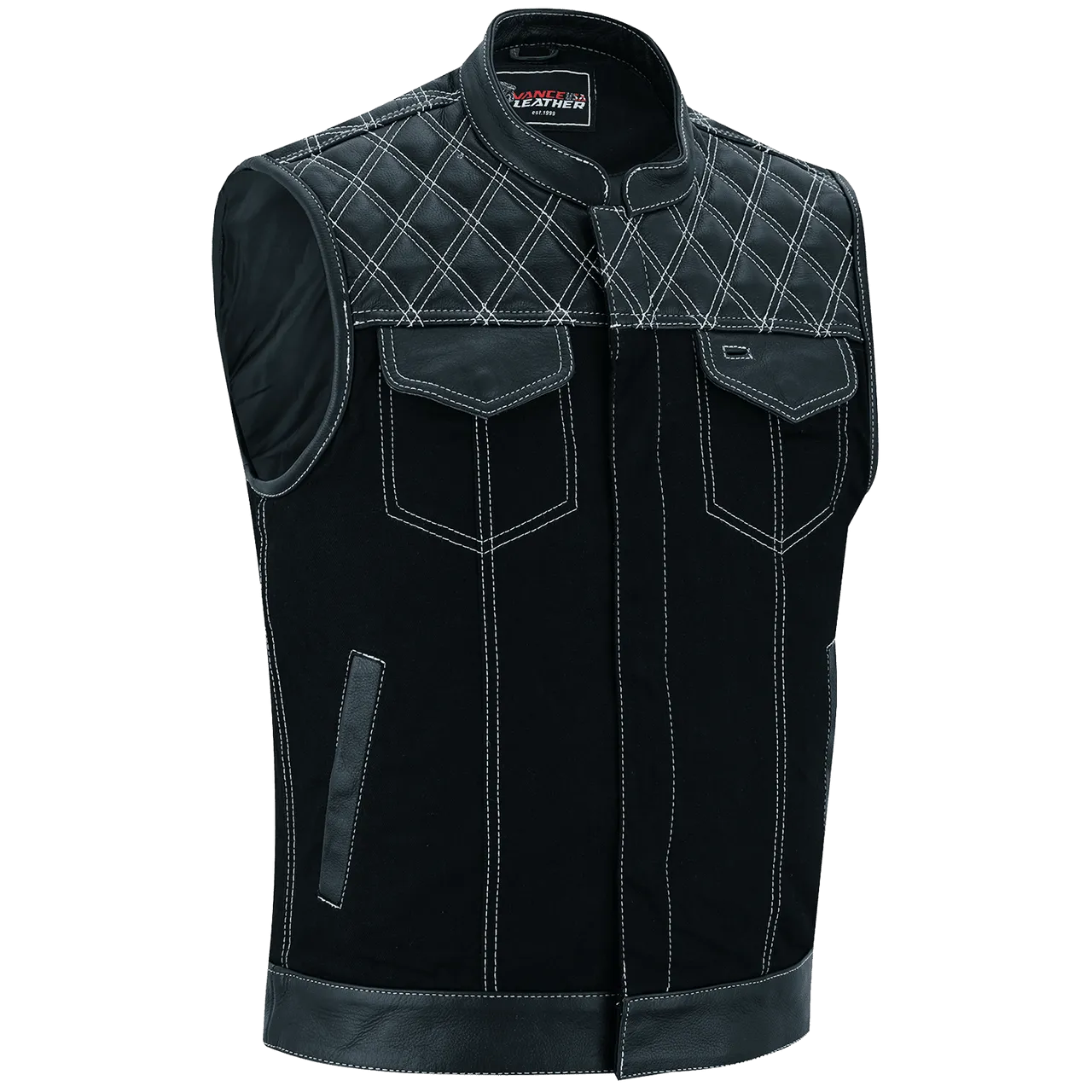 Men's Denim & Leather Motorcycle Vest with Conceal Carry Pockets and White Stitching