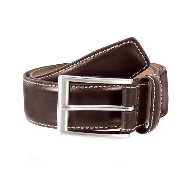 Men's Full-Grain Leather Belt with Satin Nickel Buckle and Contrast Stitching