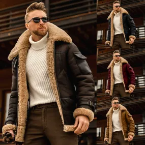 Men’s Suede PU leather blend faux fur fleece Collar Coat