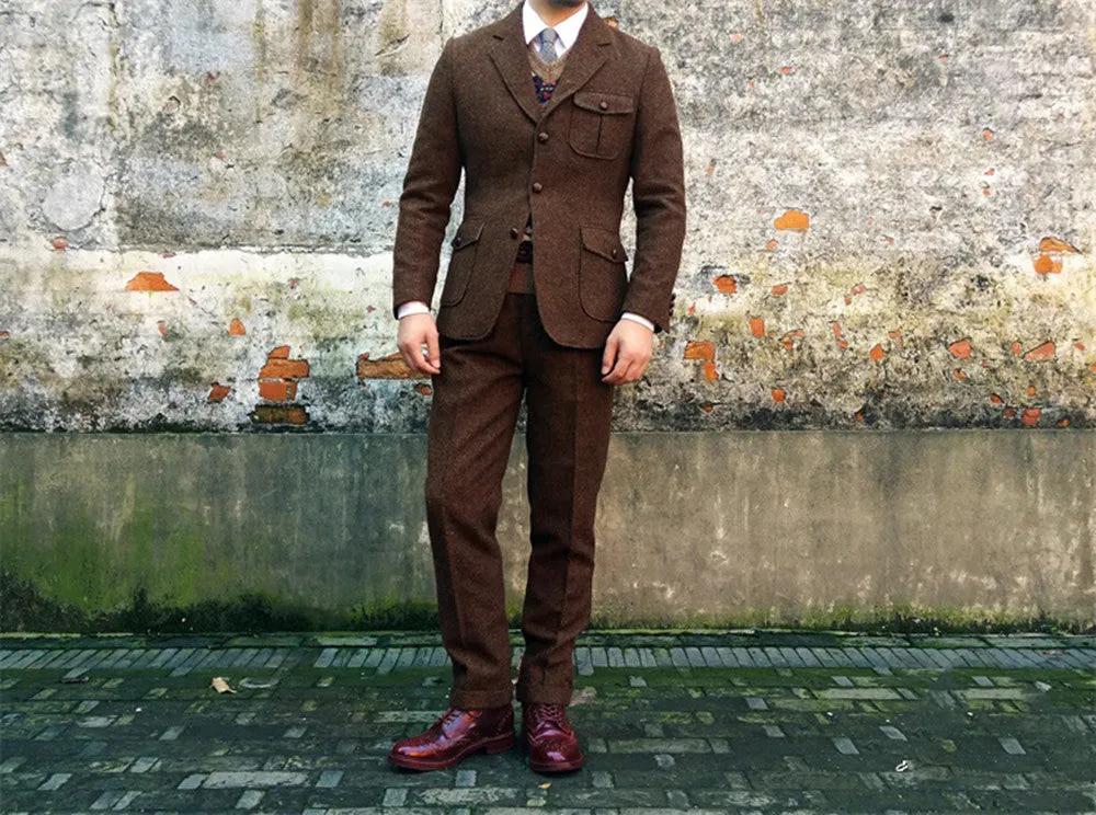 Men's Tweed Brown Half-Norfolk Suit Jacket