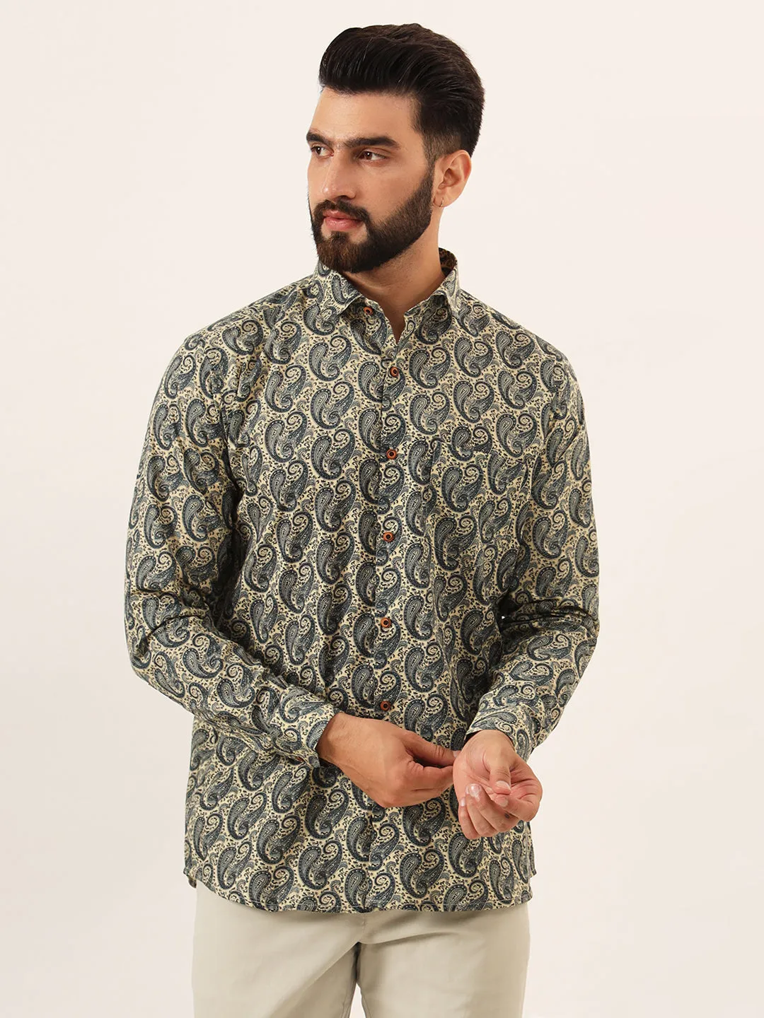 MILLENNIAL MEN Blue Paisley Print Pure Cotton Regular Fit Casual Half Sleeve