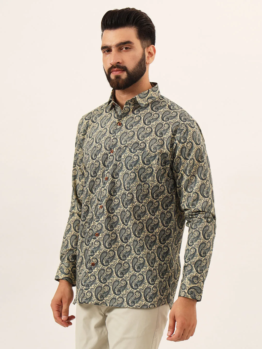 MILLENNIAL MEN Blue Paisley Print Pure Cotton Regular Fit Casual Half Sleeve