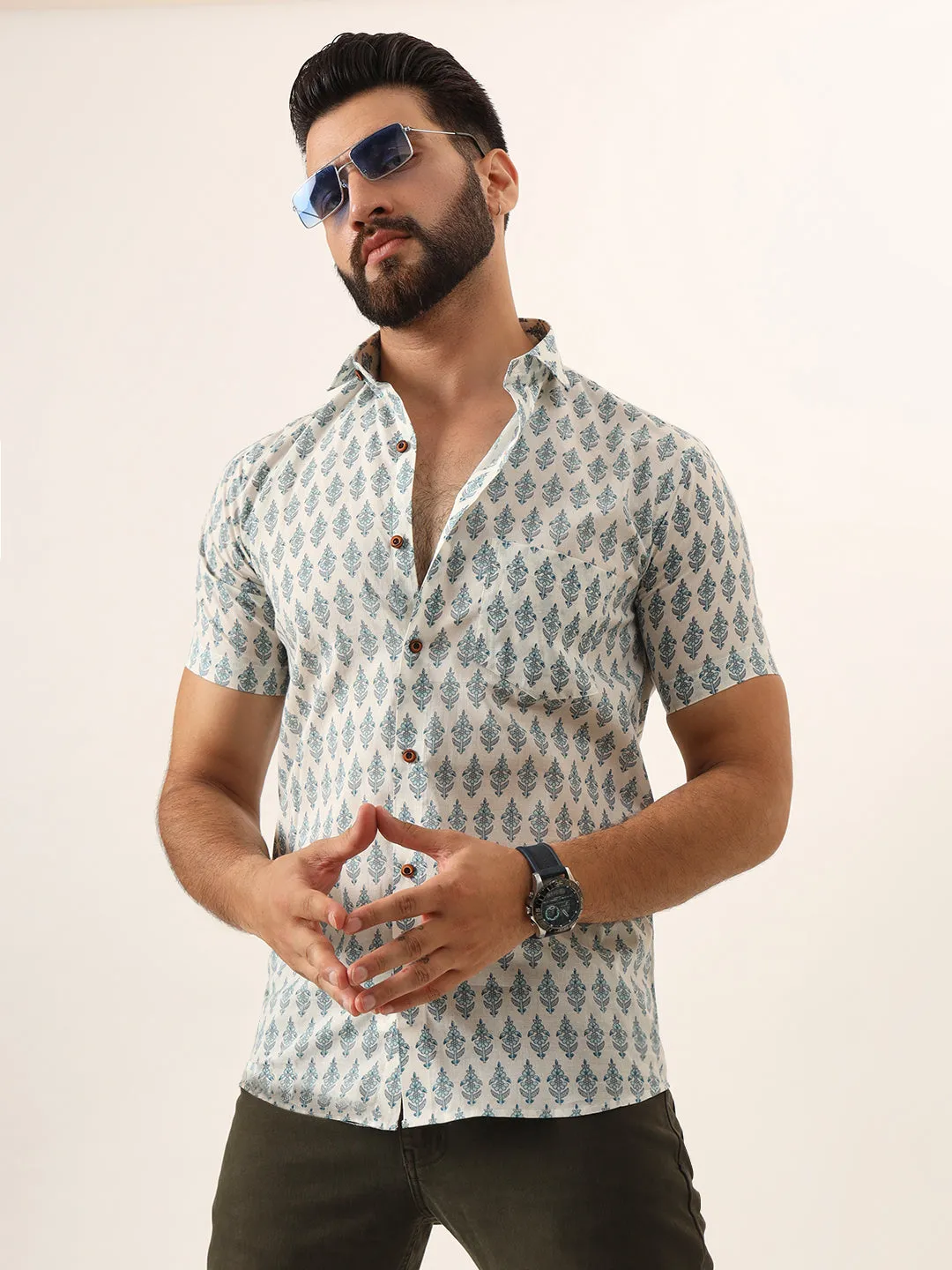 MILLENNIAL MEN Sky Blue Geometric Pure Cotton Regular Fit Casual Shirt for Men