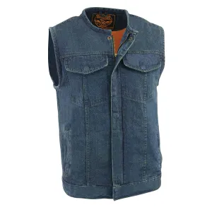 Milwaukee Leather MDM3001 Men's 'Covert' Blue Denim Collarless Club Style Motorcycle Biker Vest w/ Dual Closure