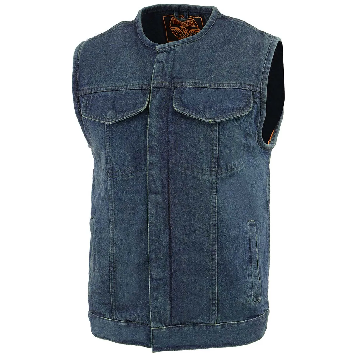 Milwaukee Leather MDM3001 Men's 'Covert' Blue Denim Collarless Club Style Motorcycle Biker Vest w/ Dual Closure