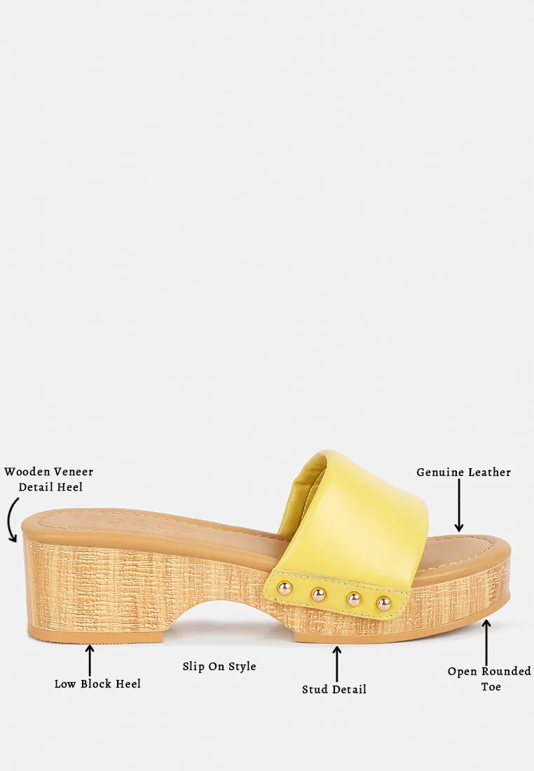 MINNY Textured Heel Leather Slip On Sandals in Yellow