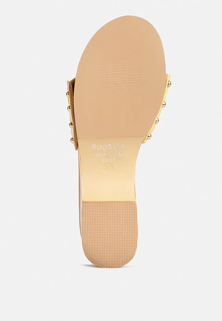 MINNY Textured Heel Leather Slip On Sandals in Yellow