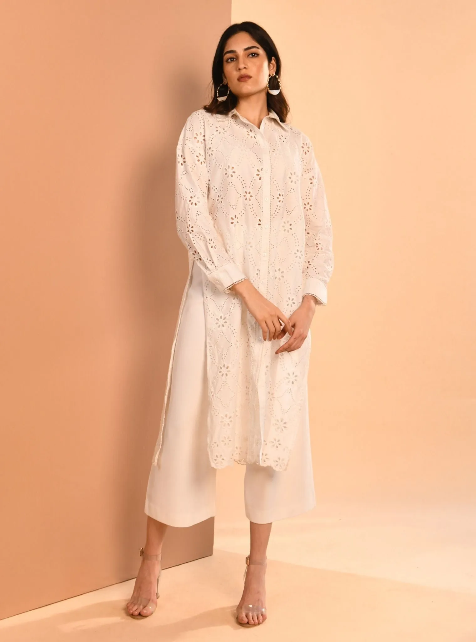 Mulmul Cotton Trix White Long Shirt with Mulmul Cotton Trix White Pant