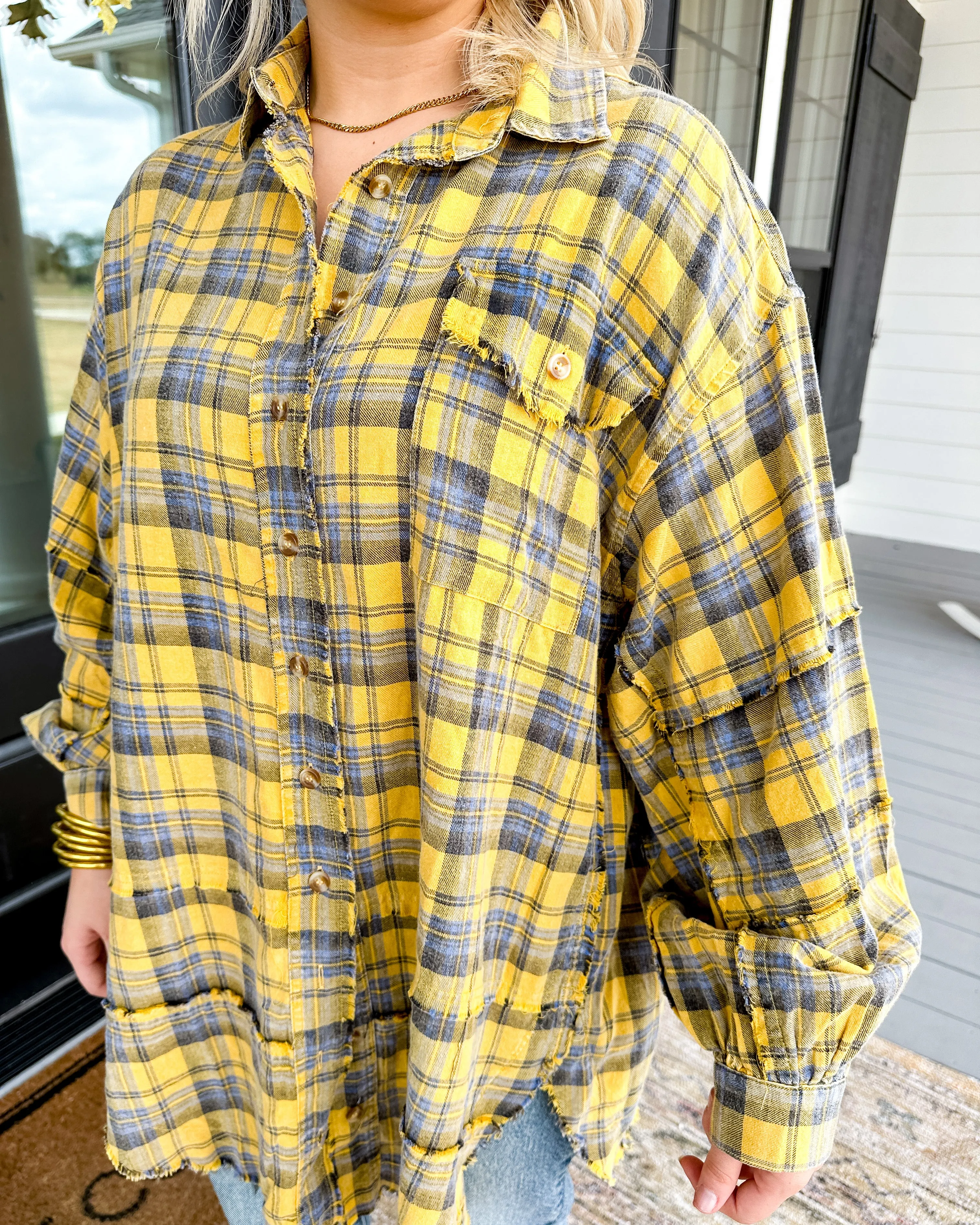 Mustard Mineral Wash Plaid Button Down Top