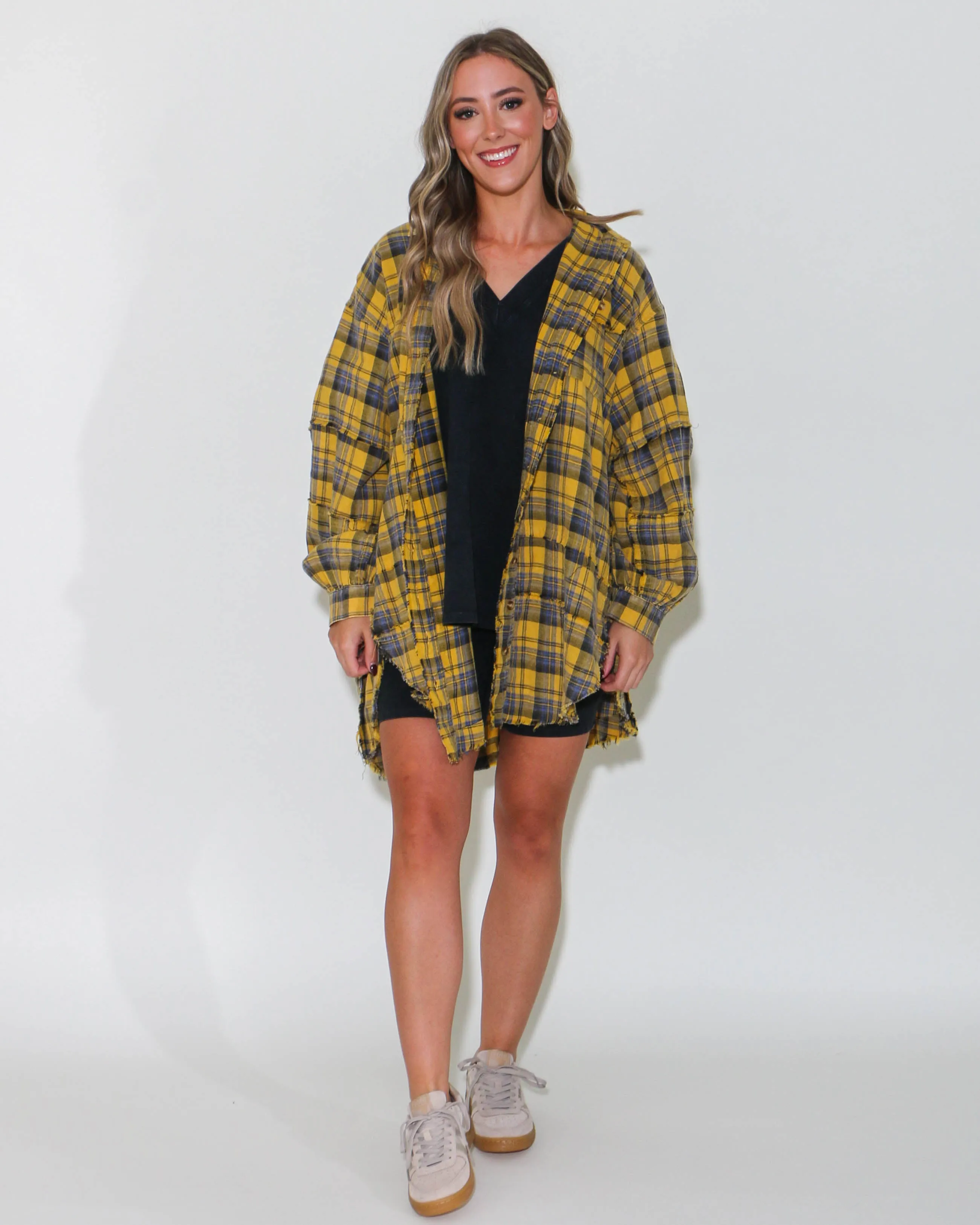 Mustard Mineral Wash Plaid Button Down Top