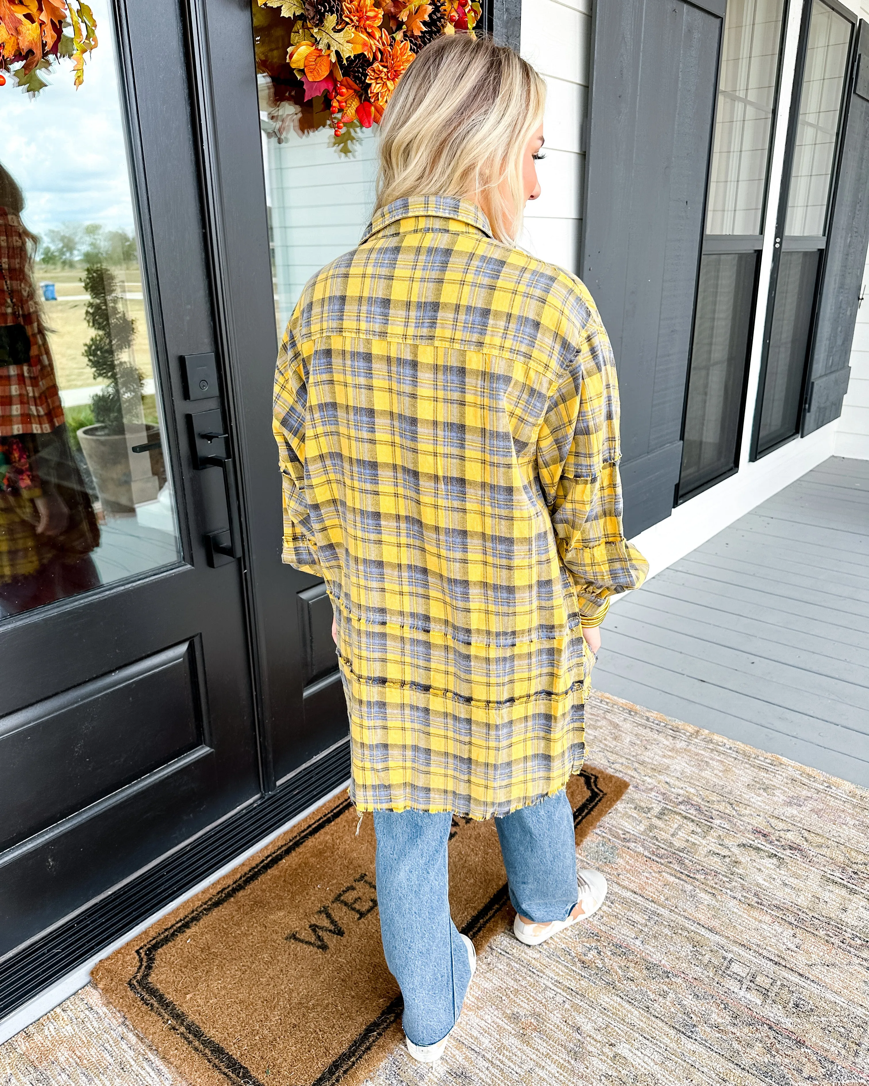 Mustard Mineral Wash Plaid Button Down Top