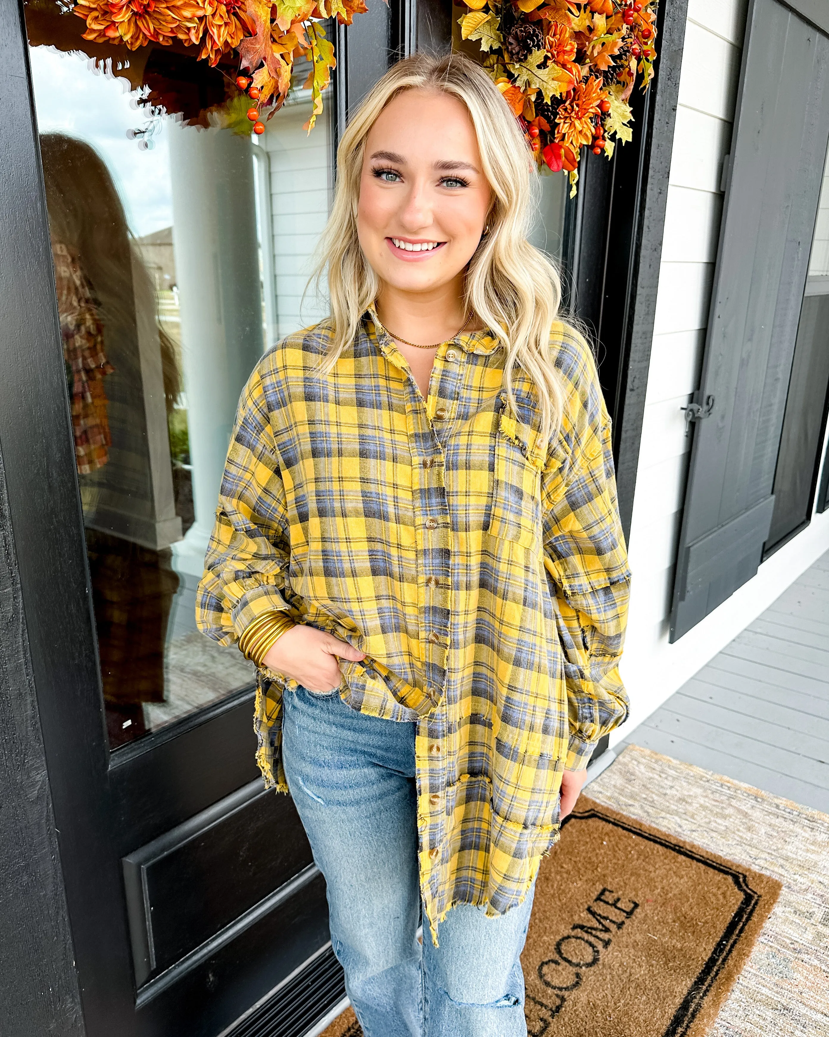 Mustard Mineral Wash Plaid Button Down Top