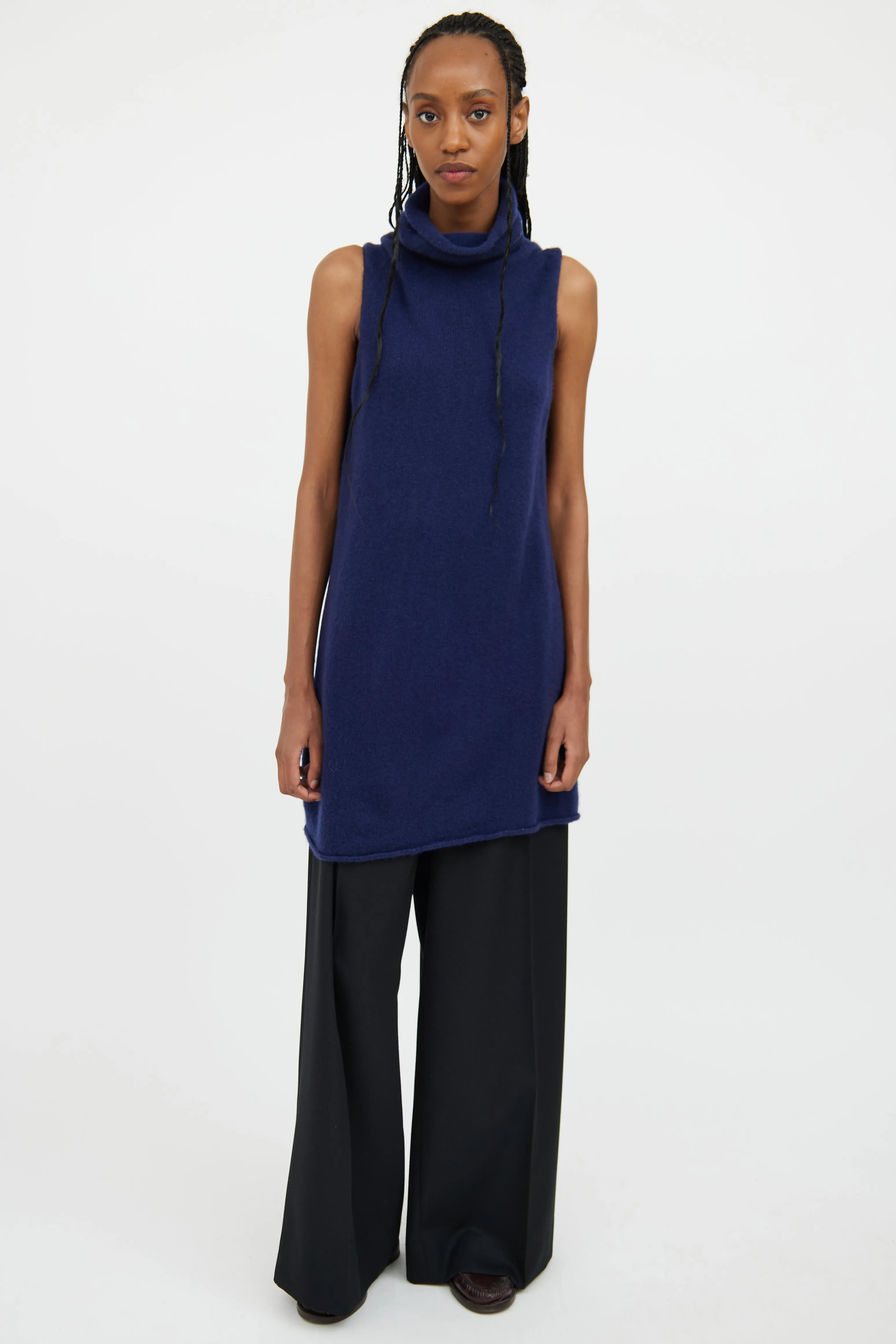 Navy Cashmere Blend Sleeveless Turtleneck