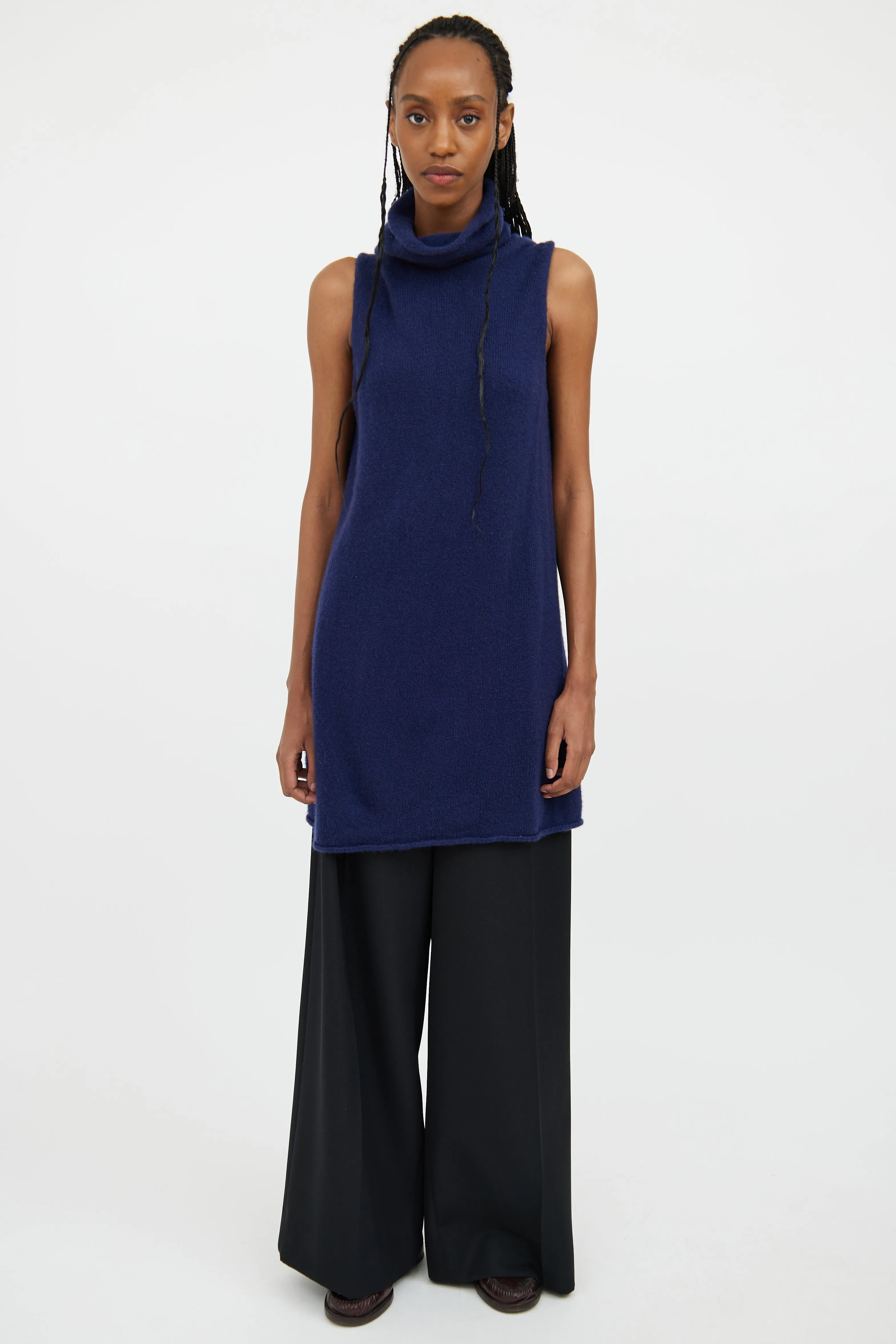 Navy Cashmere Blend Sleeveless Turtleneck