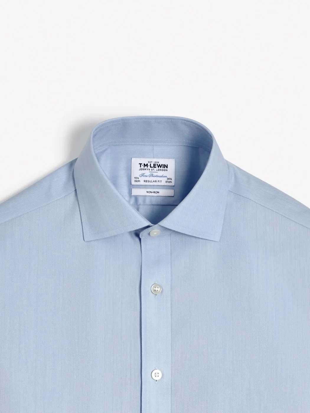 Non-Iron Light Blue Small Herringbone Regular Fit Single Cuff Classic Collar Shirt