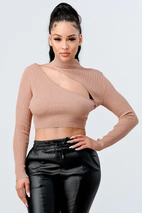 Nude White Long Sleeve Sweater Rib Cutout Mock Neck Crop Top_