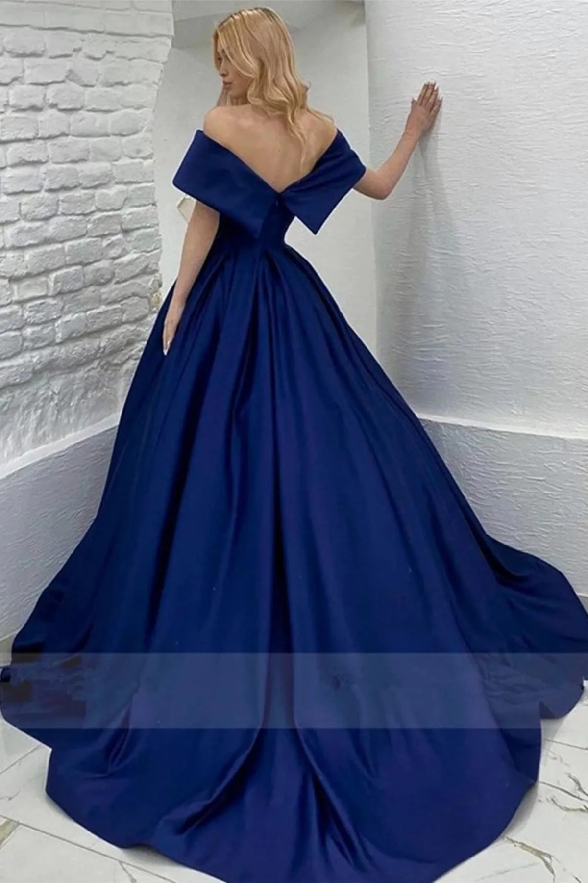 Off Shoulder Royal Blue Satin Long Prom Dress, Long Royal Blue Formal Graduation Evening Dress A1702